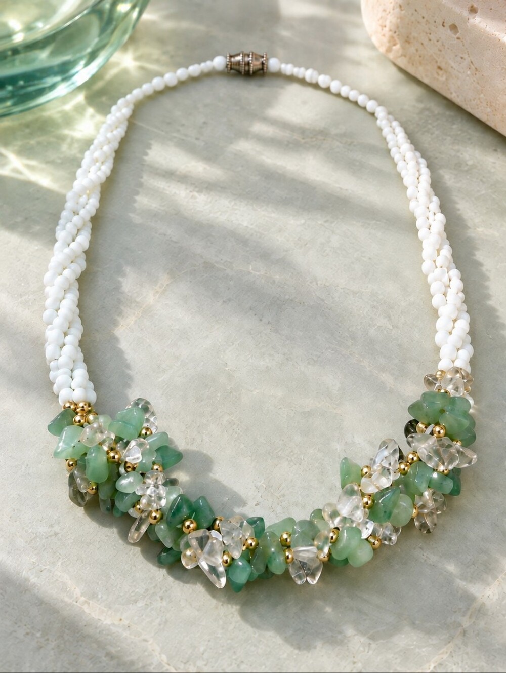 Vintage Jade Chip Cluster White Seed Bead Multi Strand Necklace 19"